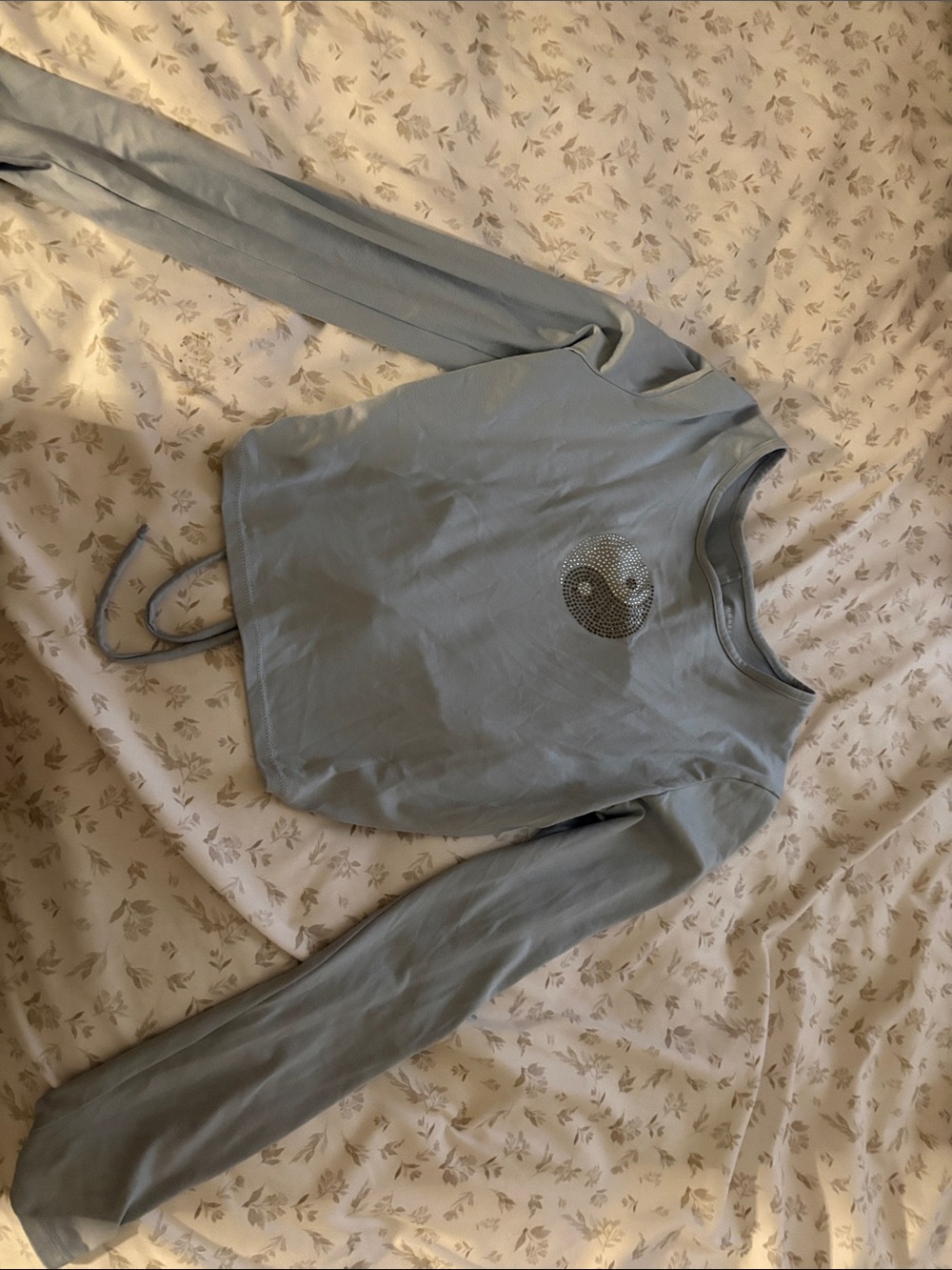Women's Light Blue Long-Sleeve Cropped Top with Rhinestone Accent